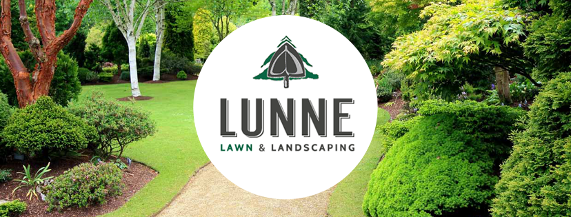 Lunne Lawn & Landscaping logo over a lush, green garden with trees, bushes, and a dirt path.