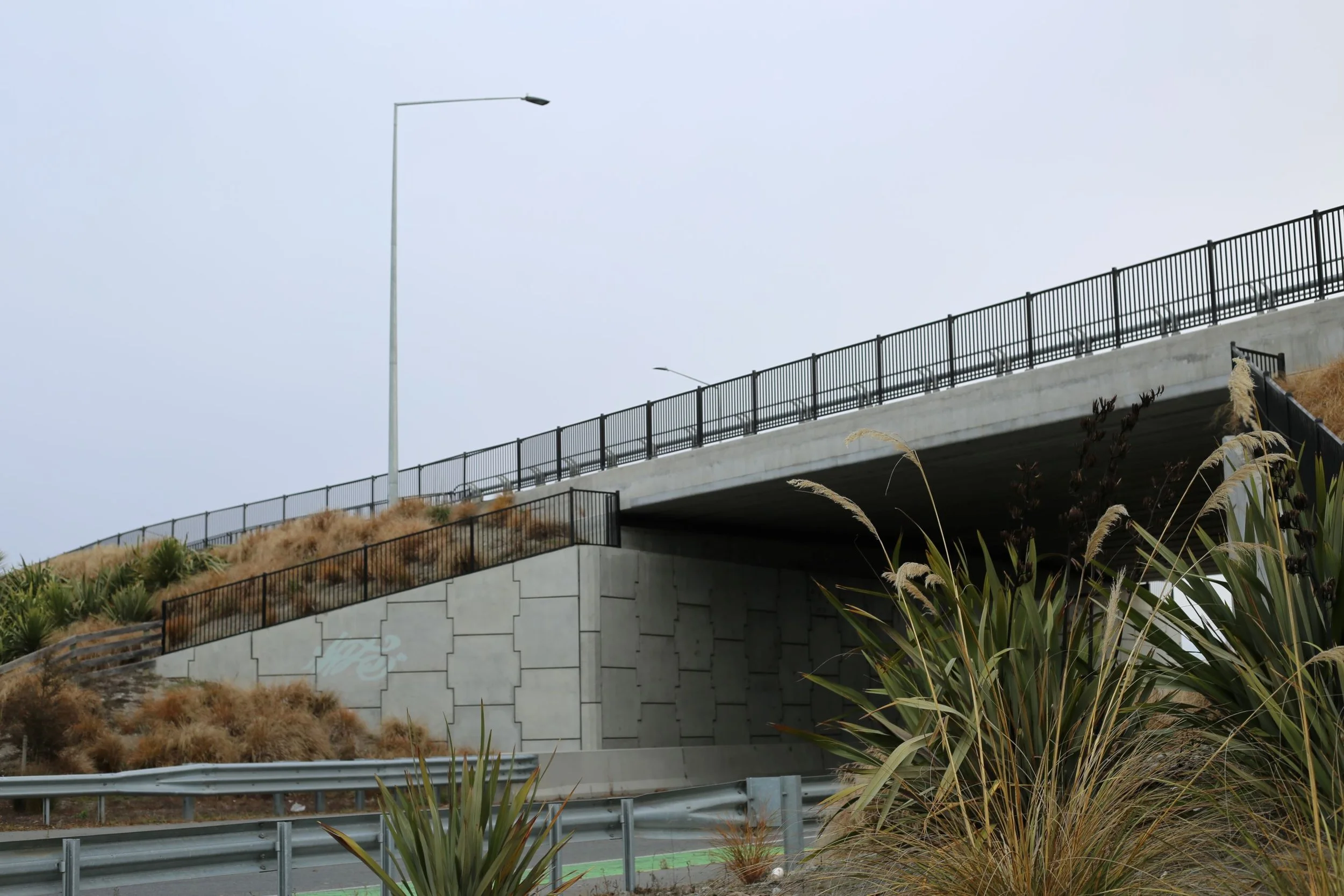 An overpass bridge with concrete supports and black metal railings, set against a cloudy sky, with dry ornamental grasses and plants in the foreground.