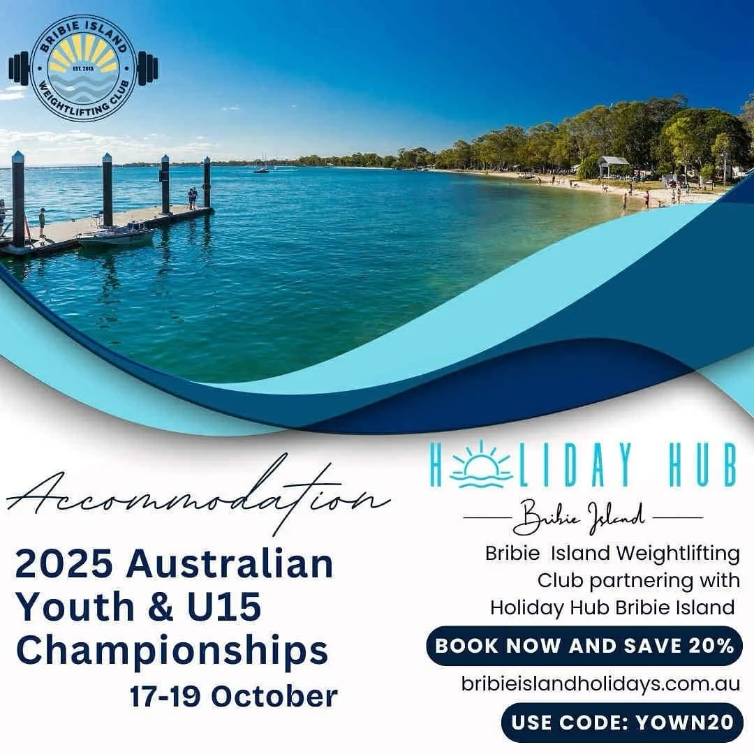 Bribie Island Weightlifting Club is proud to partner with  our Preferred Accommodation Provider @holidayhubbribieisland for the upcoming Youth and U15 National Weightlifting Championships.

🎶 A concert has been announced in the area that weekend, so