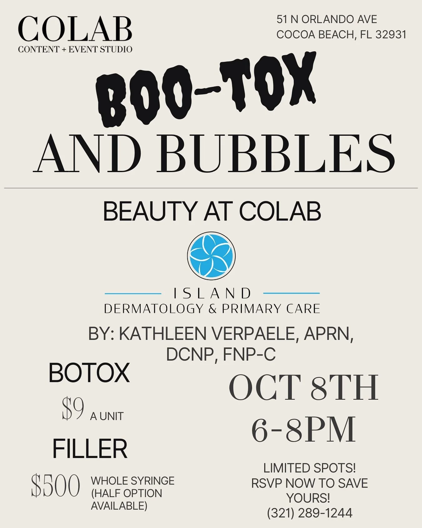 ✨ Join us for a Halloween edition of Beauty at CoLab: Boo-tox &amp; Bubbly! ✨

We&rsquo;re bringing beauty, bubbly, and good vibes to CoLab Cocoa Beach for a special evening you won&rsquo;t want to miss. Whether you&rsquo;re looking to refresh your l