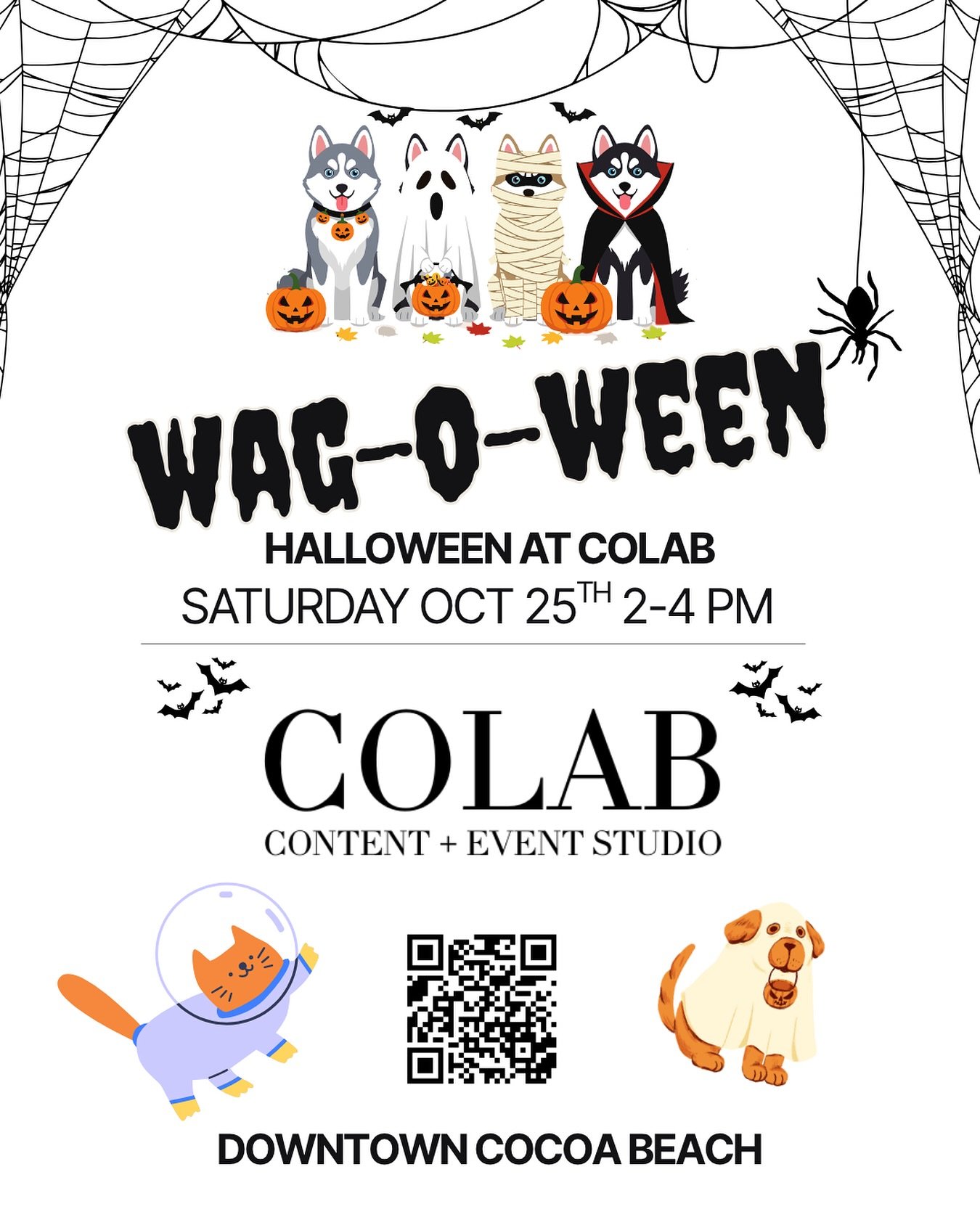 🎃 Event Overview
Wag-O-Ween: Halloween Pet Portraits at CoLab
🐾 Bring your furry friend &mdash; dogs, cats, or critters in costume (or not!) &mdash; for a spooky-cute Halloween portrait session at CoLab Cocoa Beach!
📸 Each session includes 2 profe