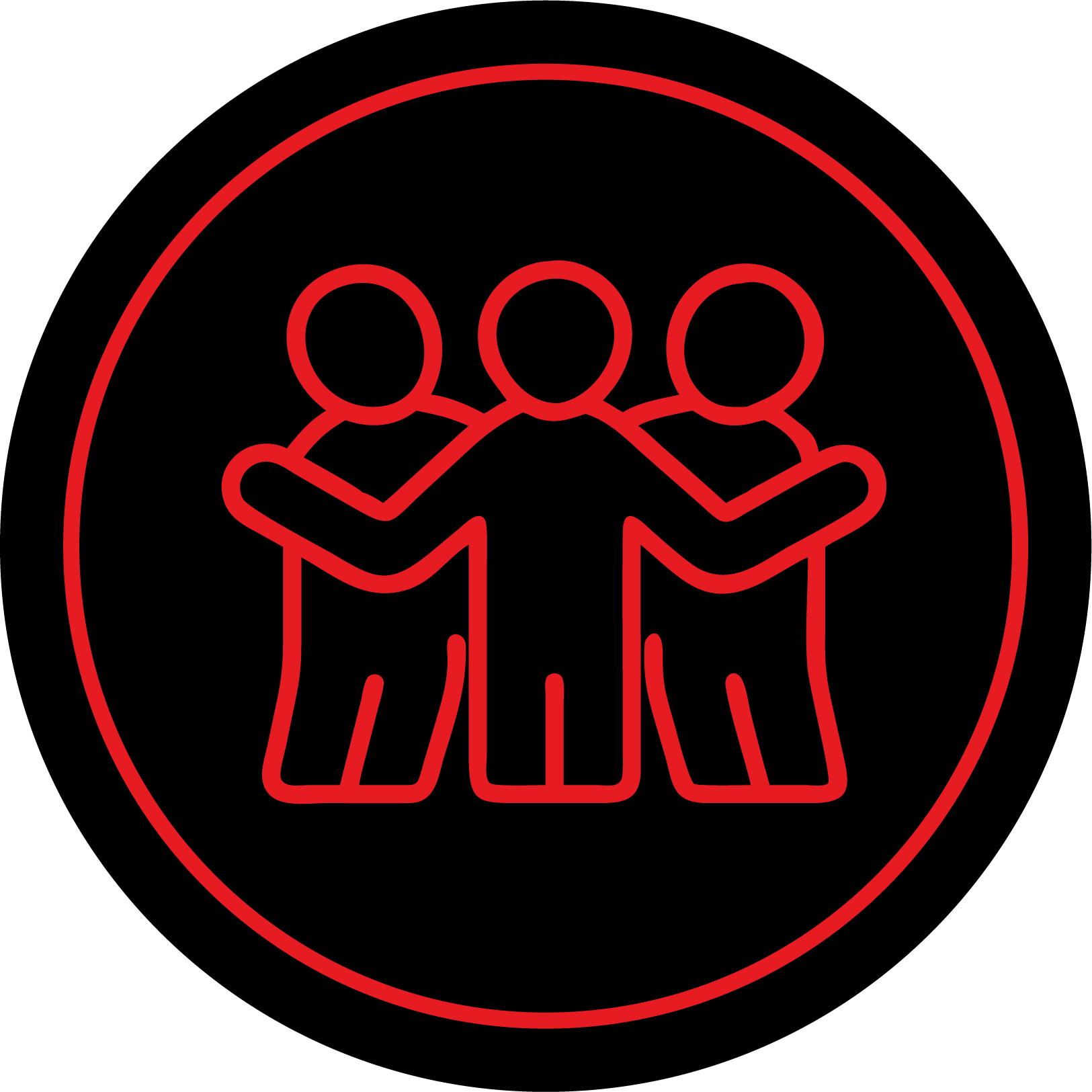 Icon of three stick figures with arms around each other, symbolizing friendship or teamwork, in red on a black background.