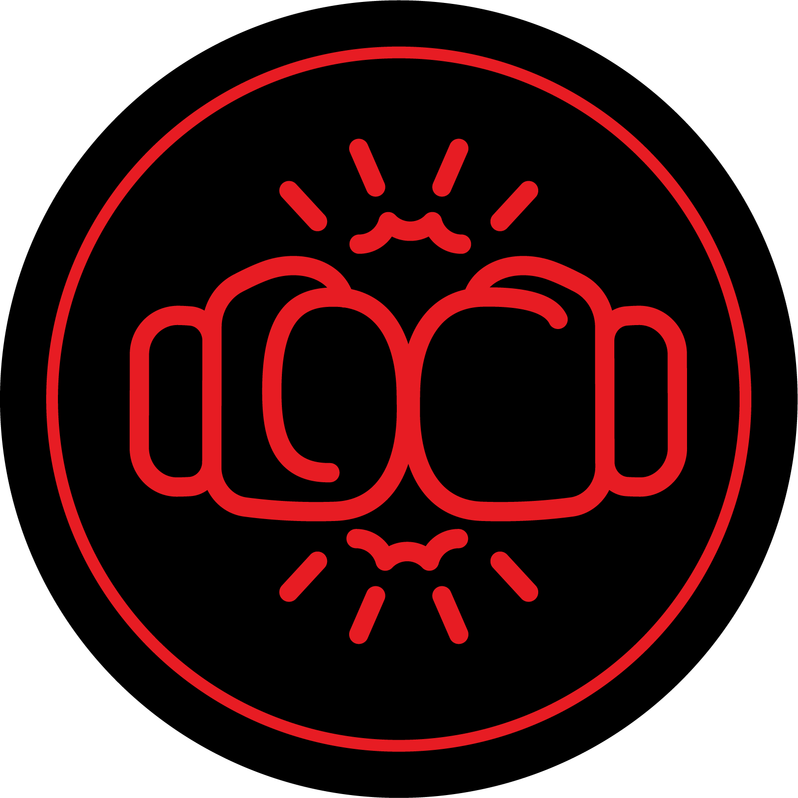 Two red outlined fists bumping inside a circular black background with a red border.