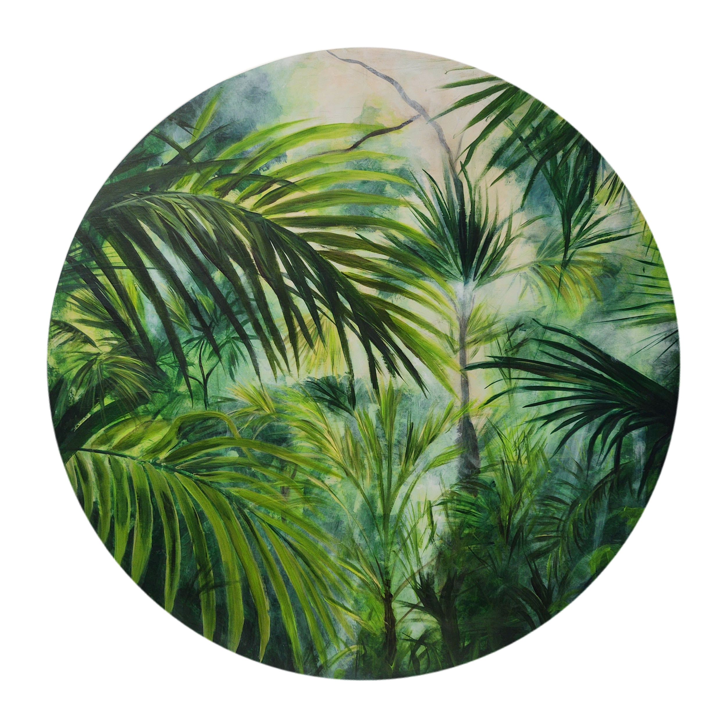 Painting of lush green tropical jungle with various large palm and fern leaves.