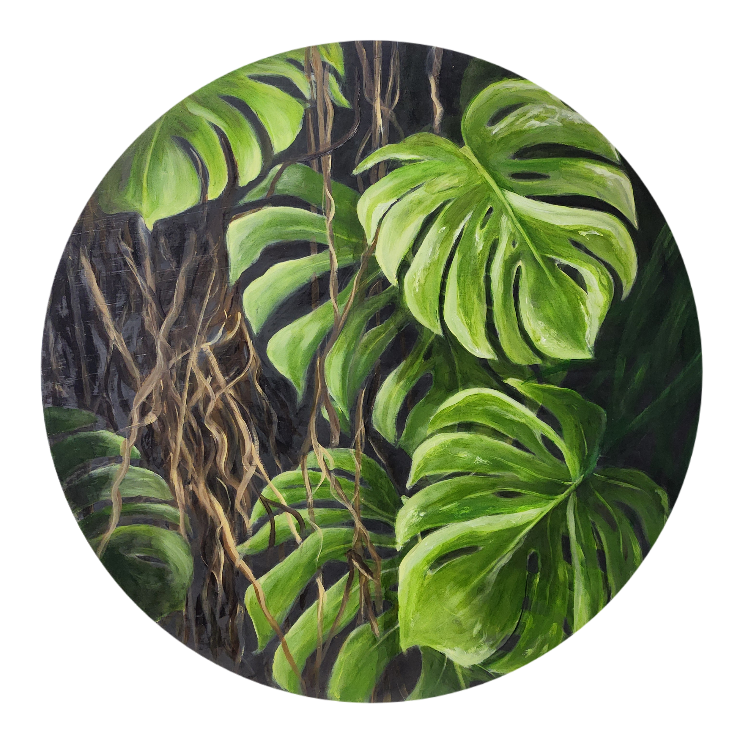 Painting of lush green Monstera plant leaves with brown, twisting vines in the background.