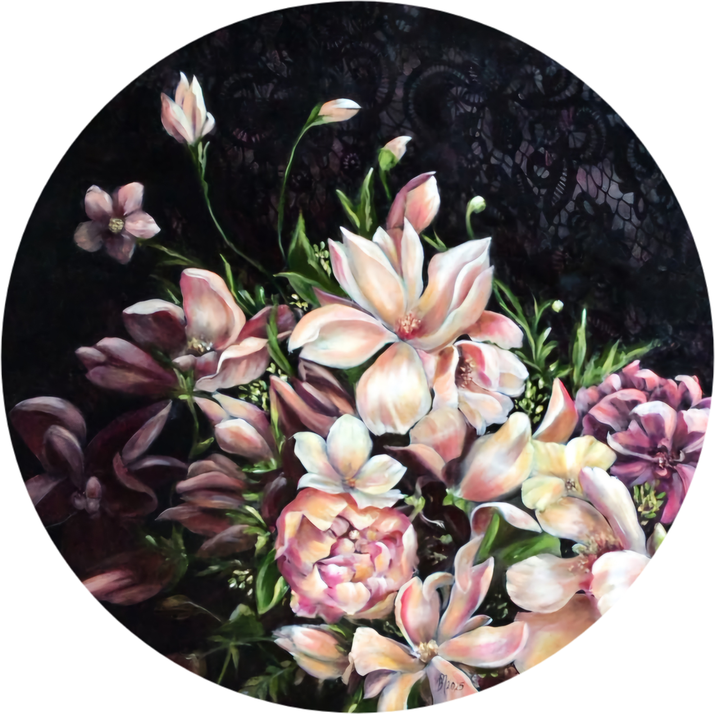 Painting of pink and white flowers with green leaves against a dark background.