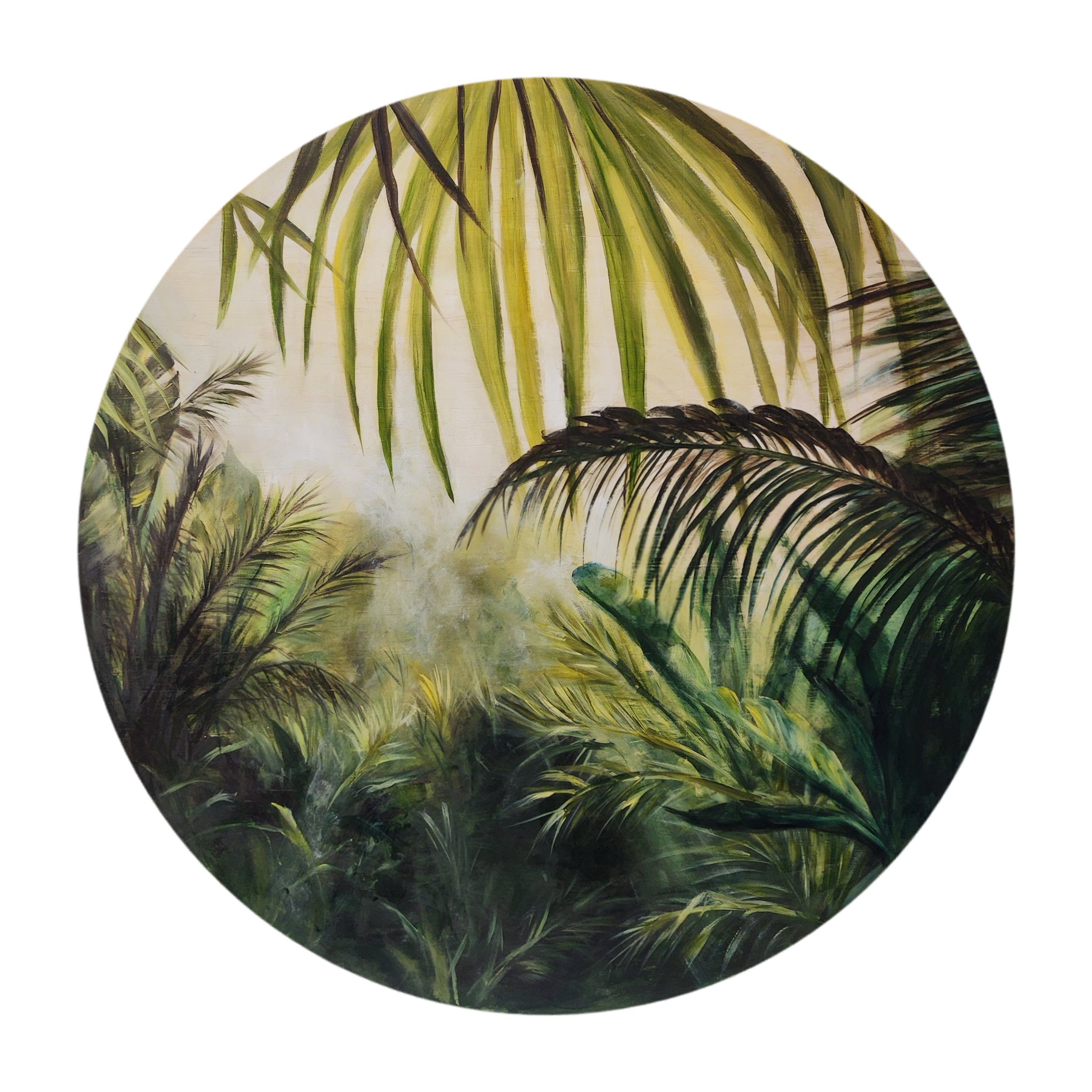 Painting of dense tropical jungle with various green leaves and plants.