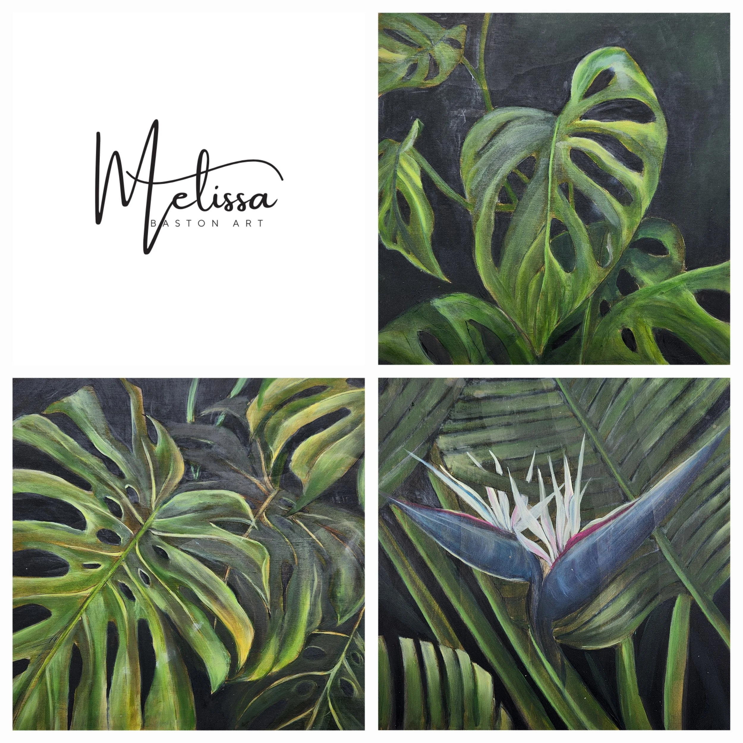 A collage of four sections: the top left reads 'Melissa Baston Art' in black script and capital letters on a white background; the other three sections feature detailed paintings of tropical green leaves and a white and purple flower against dark backgrounds.