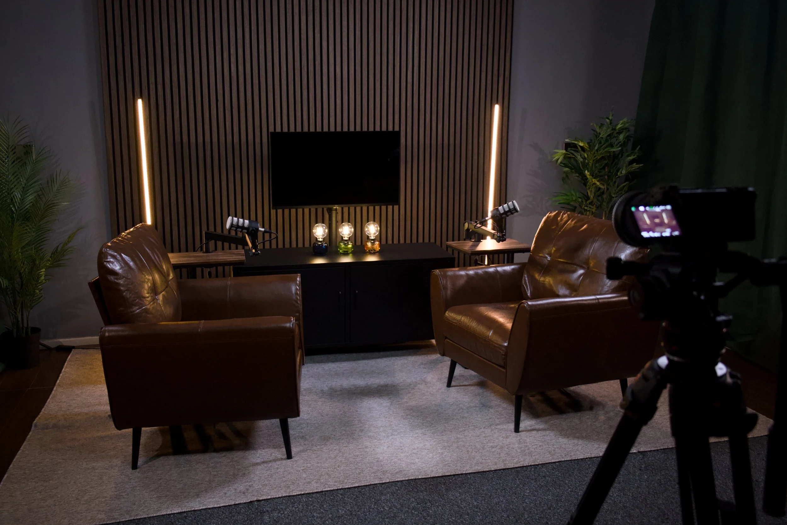 A recording or interview setup with two brown leather chairs facing a TV on a wooden panel wall, with decorative plants and stage lights nearby.
