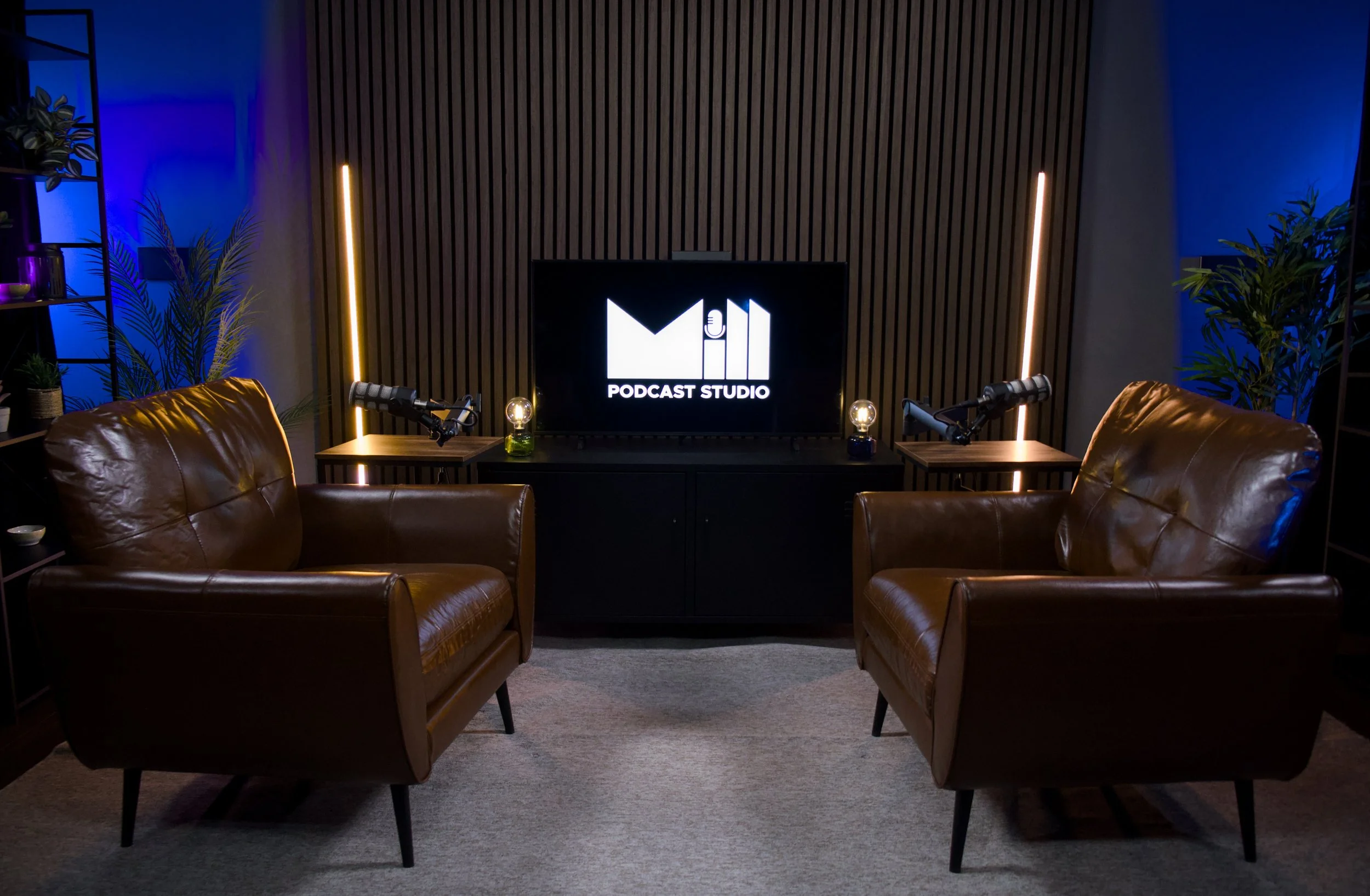 A recording or interview setup with two brown leather chairs facing a TV on a wooden panel wall, with decorative plants and stage lights nearby.