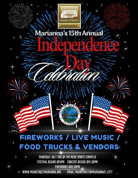 Independence Day Celebration at Optimist Park starting at 5:00 p.m. fire truck pull at 5:00 p.m. hot dog eating contest at 5:30 p.m. concert at 5:30 p.m. fireworks at 8:30 p.m.
