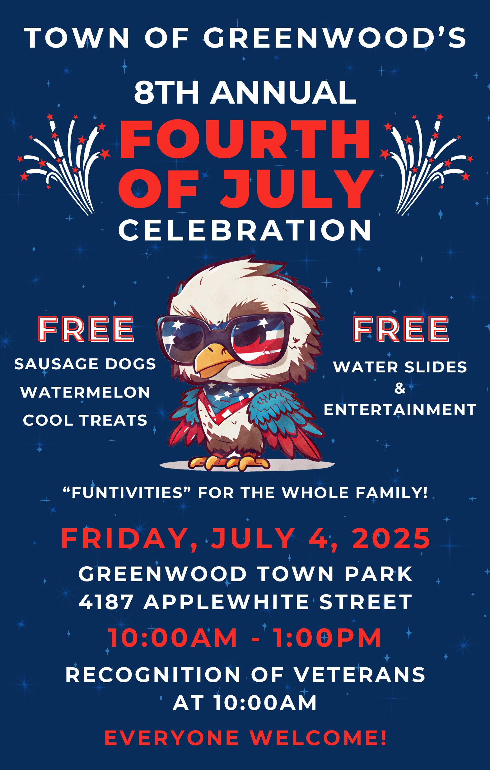 Greenwood Fourth of July Celebration from 10:00 a.m. to 1:00 p.m. at the Greenwood Town Park at 4187 Applewhite Street.