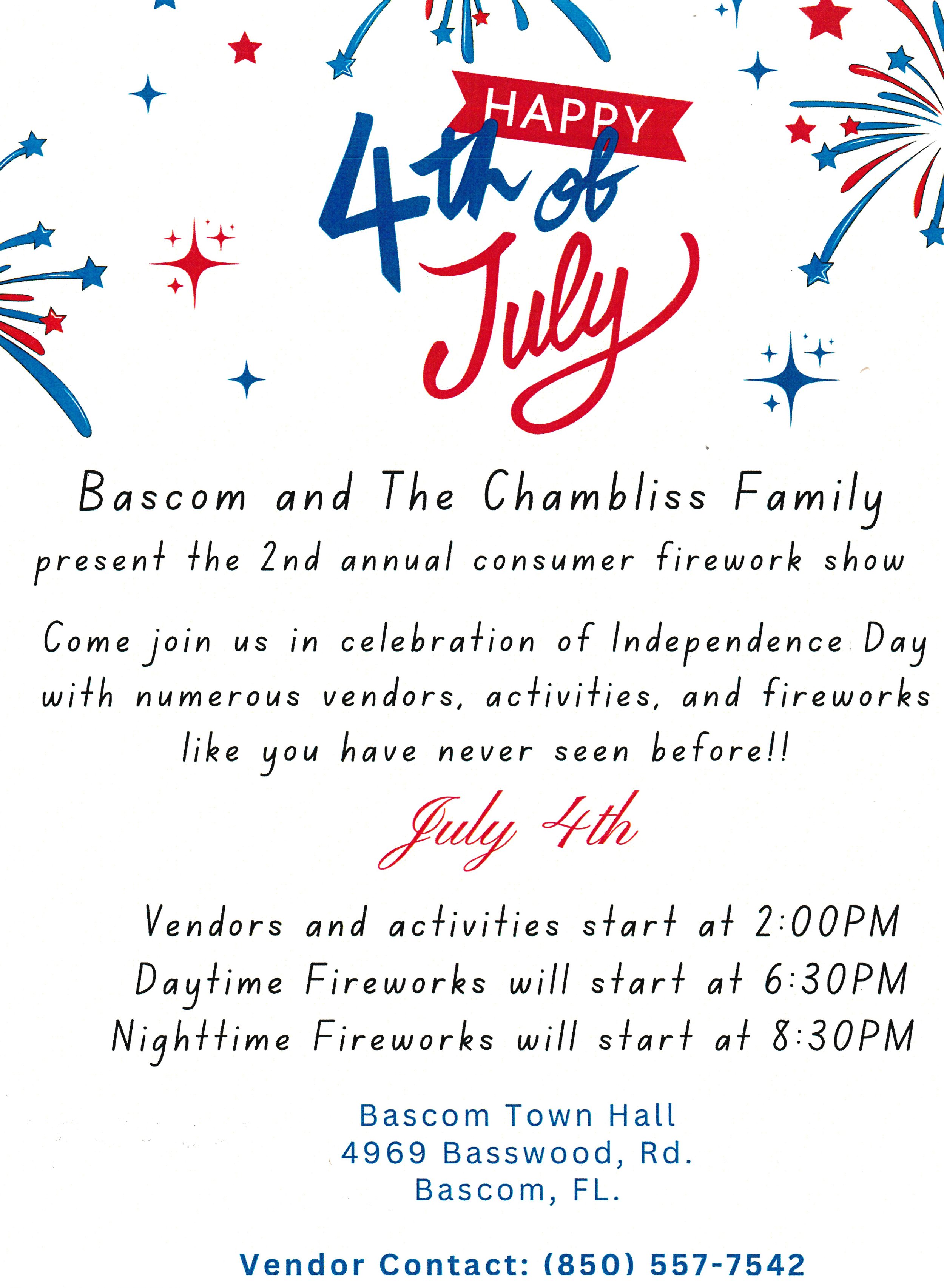 Consumer fireworks show at Bascom Town Hall at 4969 Basswood Road. Vendors and activities at 2:00 p.m. The daytime fireworks at 6:30 p.m. nighttime fireworks at 8:30 p.m.
