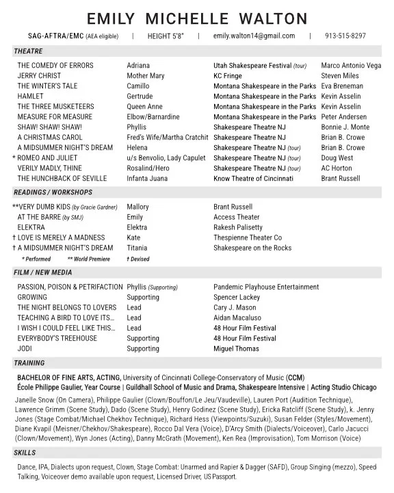 A resume for Emily Michelle Walton listing personal info, theatre performances, readings, film/media work, training, and skills.