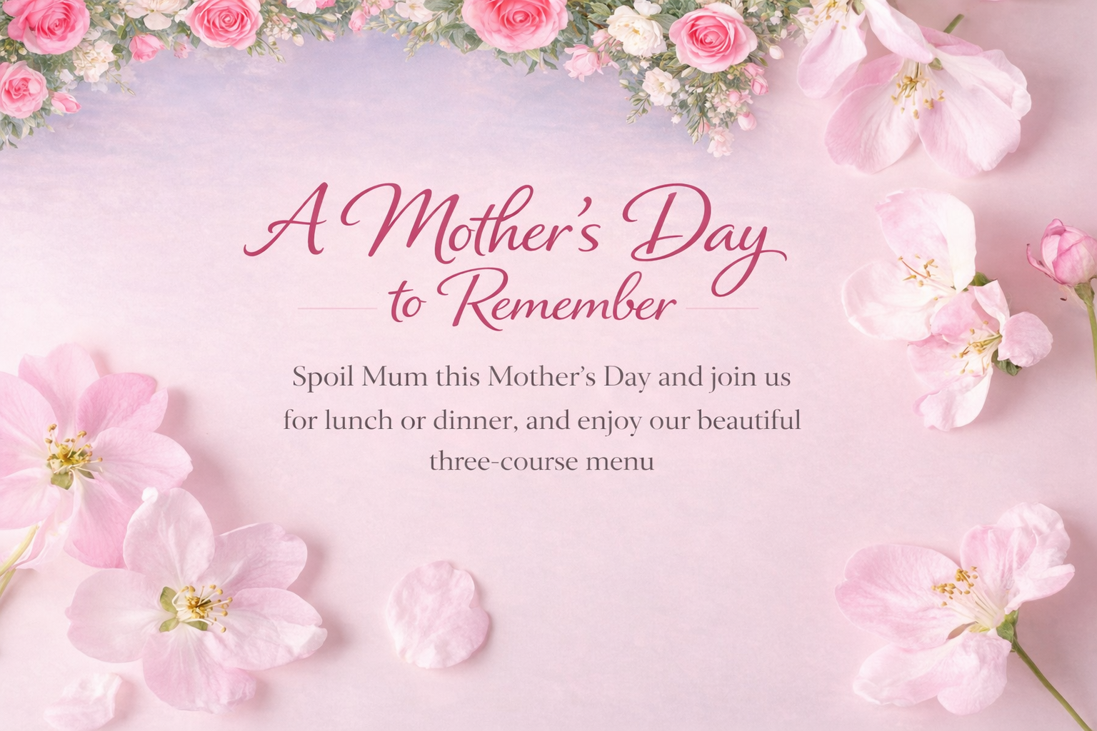 A pink floral Mother's Day greeting card with pink roses, cherry blossoms, and petals, featuring text about celebrating and spoiling Mom.