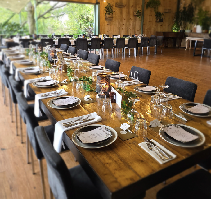 A long wooden banquet table set for a formal event with plates, silverware, glasses, and floral centerpieces in a well-lit room with large windows and a wooden wall decorated with plants.
