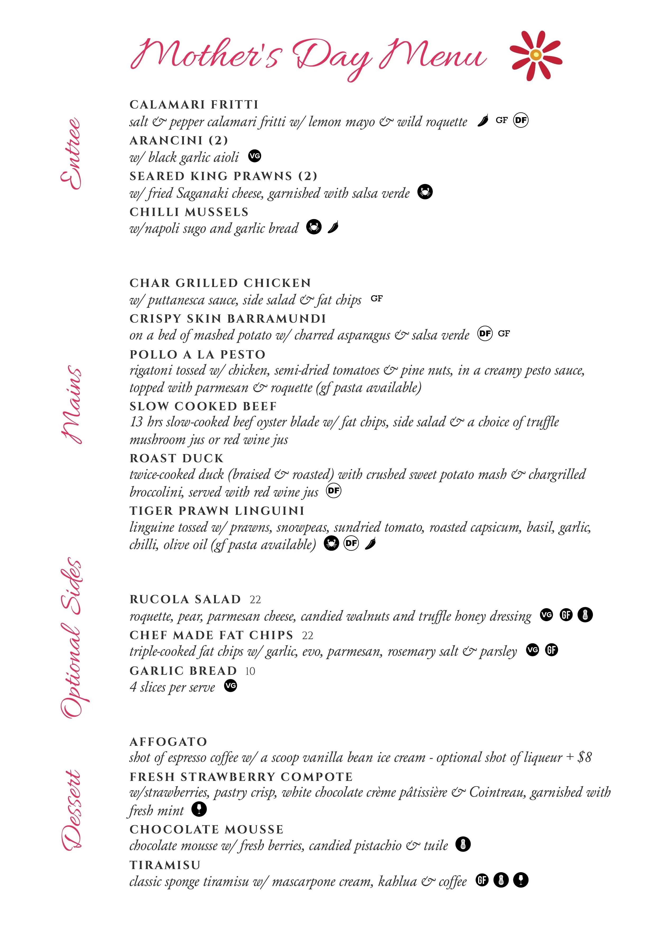 massaros mother's day menu