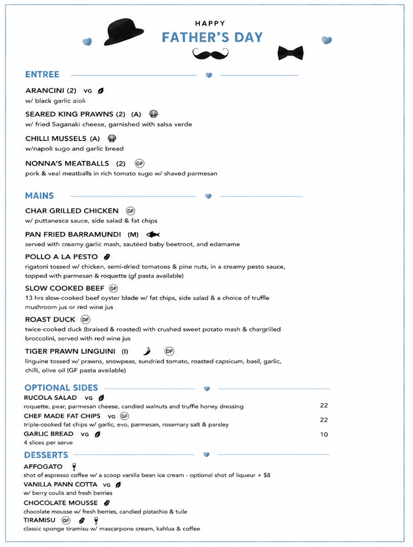 Father's Day menu featuring appetizers, main courses, optional sides, and desserts with decorative graphics of a bowler hat, glasses, bow tie, and small hearts.