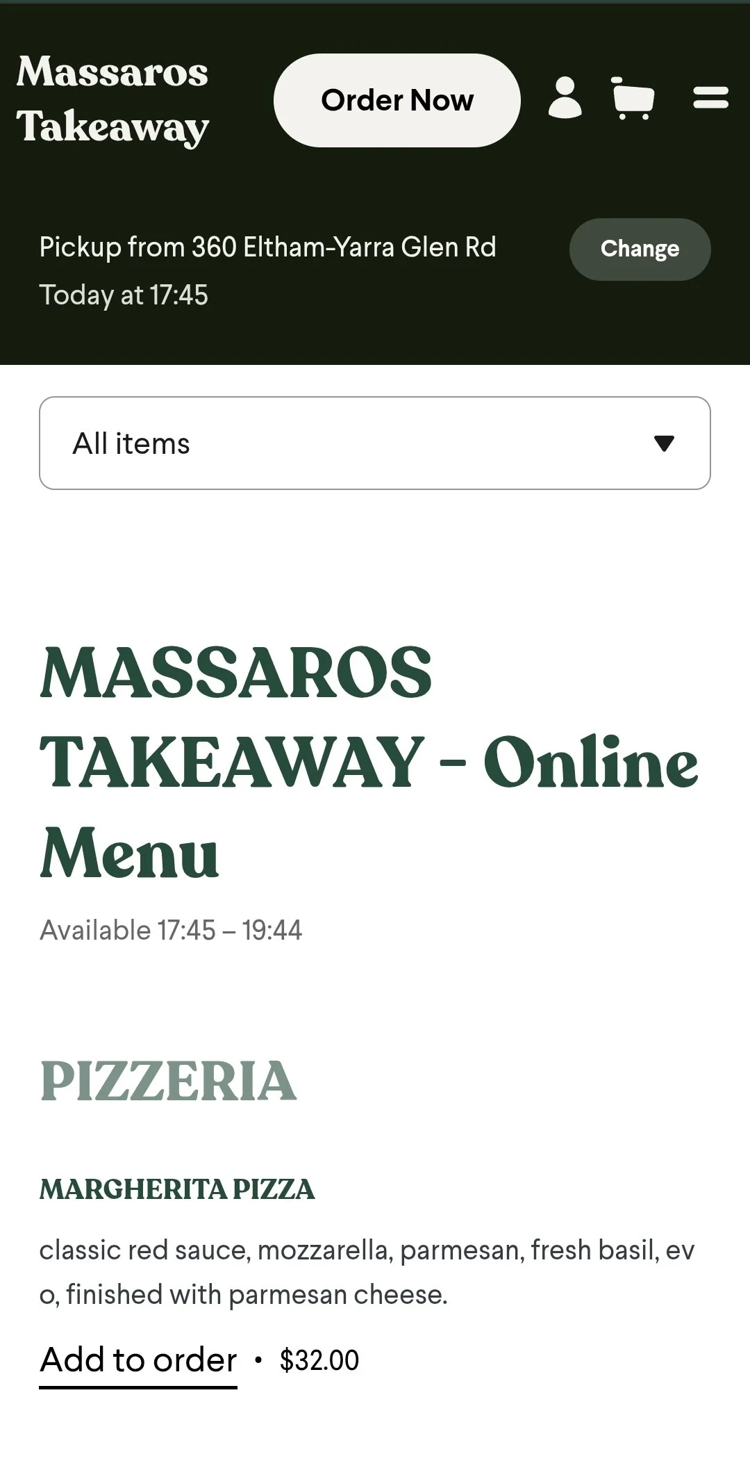 Screenshot of a food delivery or online menu for Massaros Takeaway showing options like Margherita pizza with details and pricing.