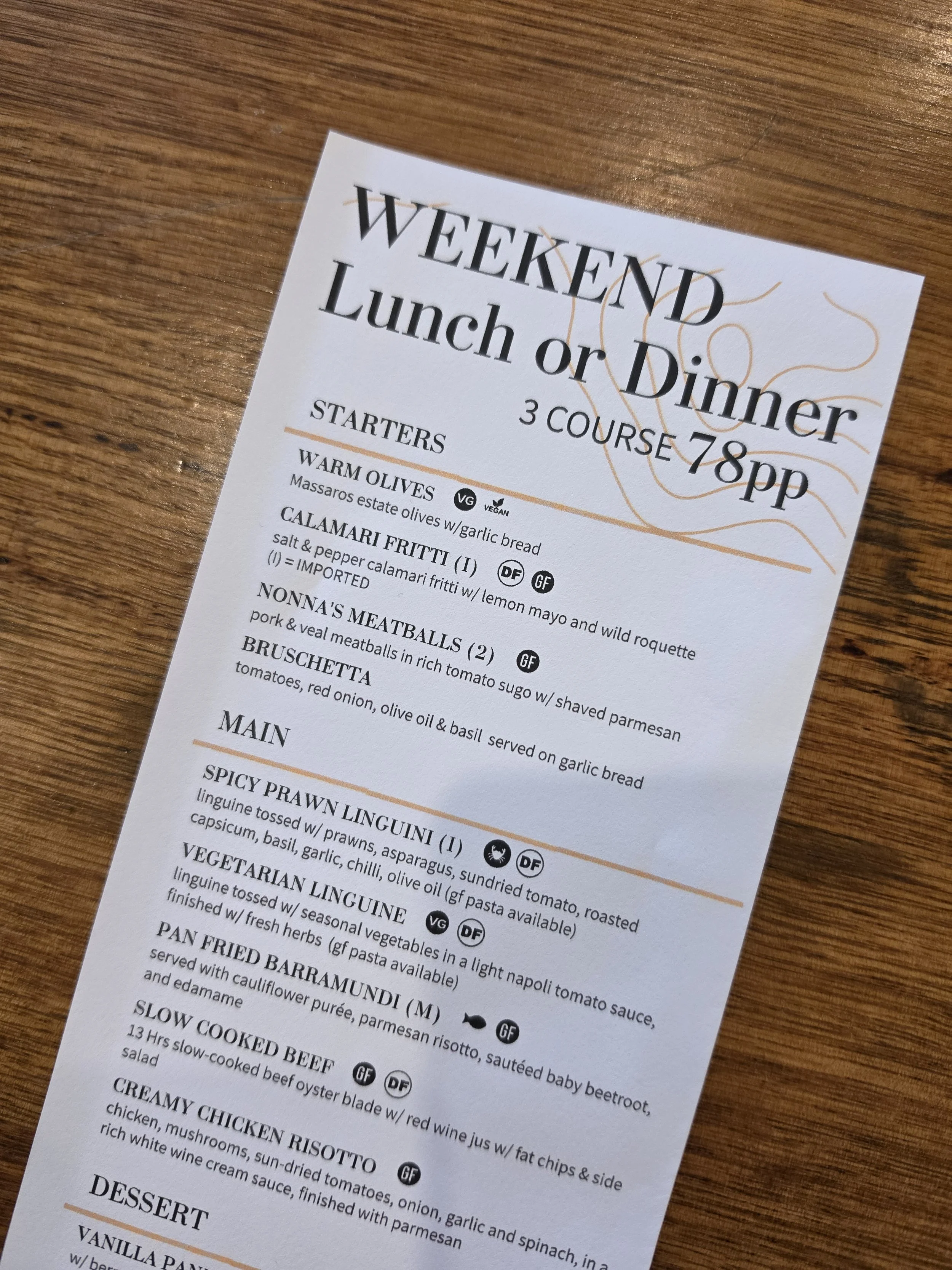 Weekend Lunch starting at 11.45 AM with starters including warm olives, calamari fritti, nonna's meatballs, and bruschetta, followed by main courses.