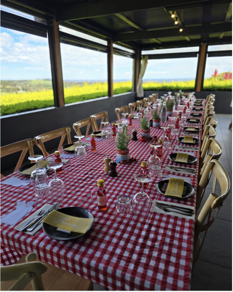 Long dining table set with black plates, silverware, wine glasses, small bottles of hot sauce, pepper shakers, and small green plants on a red and white checkered tablecloth. The table is inside an open-air space with a view of green fields and blue sky in the background.
