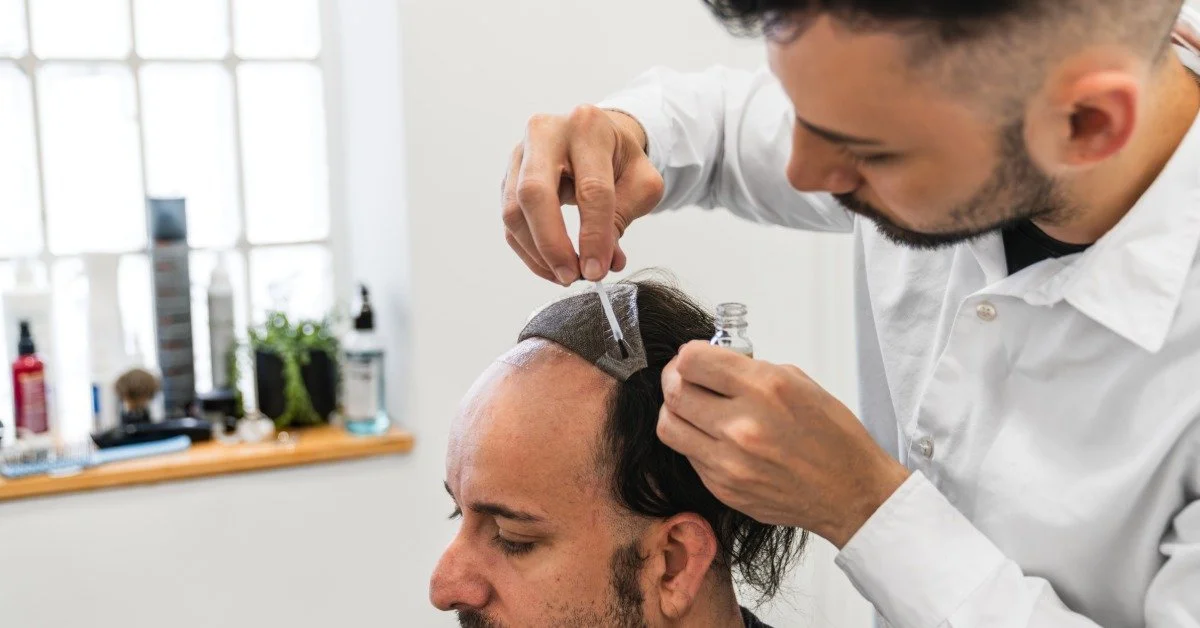A hair specialist placing an adhesive on the bottom of a hair replacement system for his sitting patient.