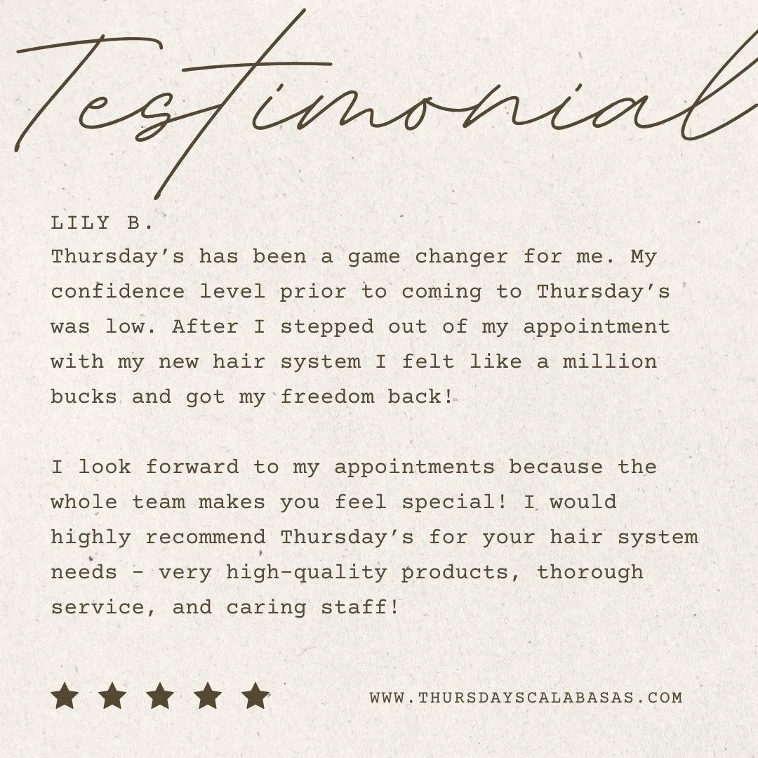 🌟 We LOVE hearing from our amazing clients! 🌟

Here's a testimonial from someone who came to Thursday's Hair Loss Solutions and absolutely LOVED their experience! 💖

Ready to discover what all the hype is about? 😍 Book your FREE consultation toda