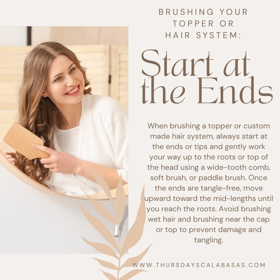 ✨ How to Properly Brush Your Topper or Hair System: Start At the Ends! ✨

Taking care of your topper or custom hair system is essential for keeping it looking fresh and fabulous! 💁&zwj;♀️ Here's how to do it:

1️⃣ Start at the ends &ndash; Always be
