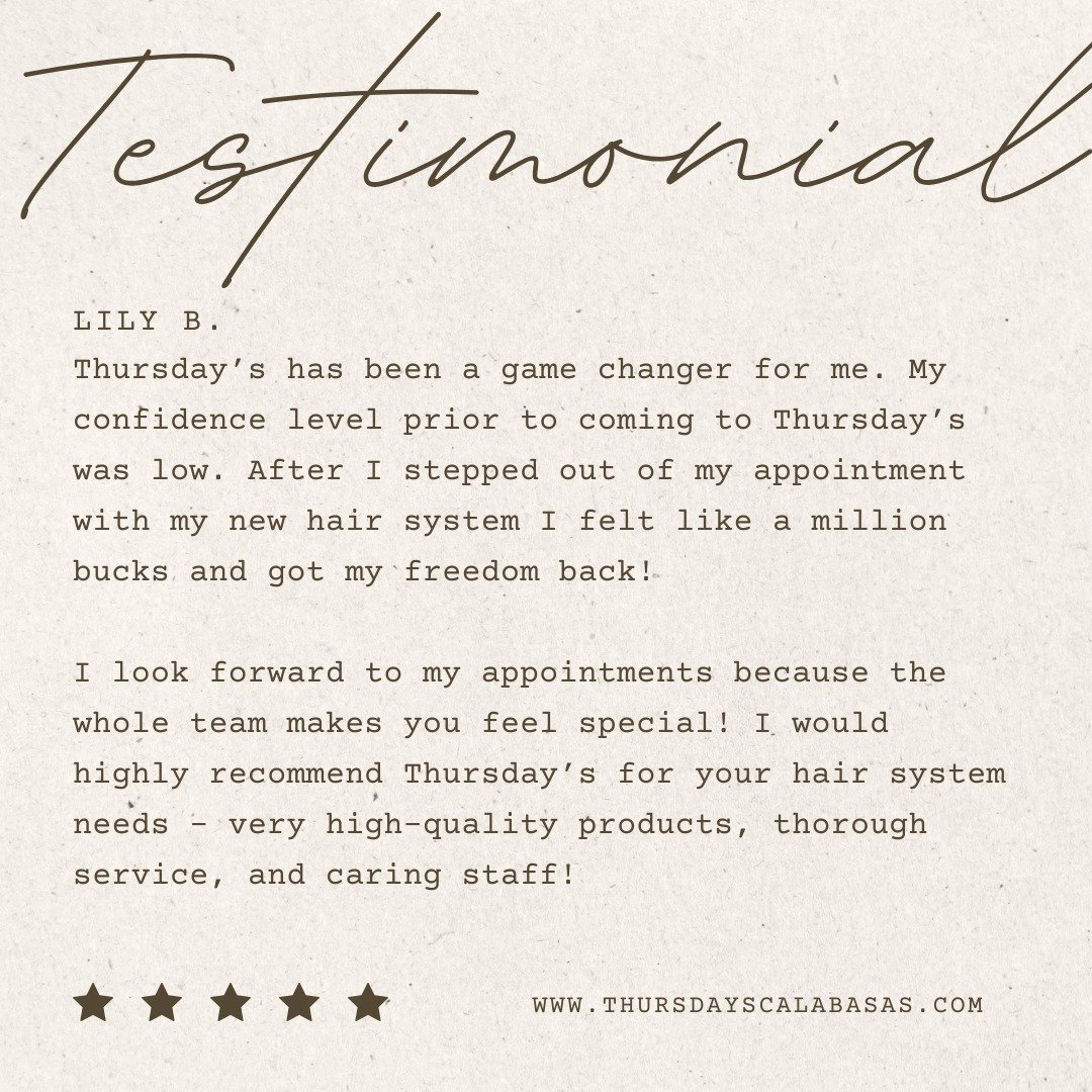 🌟 We LOVE hearing from our amazing clients! 🌟

Here's a testimonial from someone who came to Thursday's Hair Loss Solutions and absolutely LOVED their experience! 💖

Ready to discover what all the hype is about? 😍 Book your FREE consultation toda