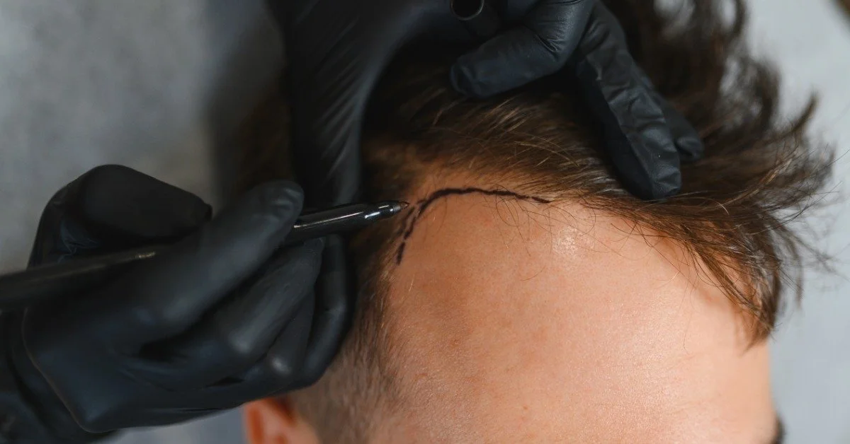 A doctor using a pen to mark out where the hairline of a male patient should be after they start hair replacement.