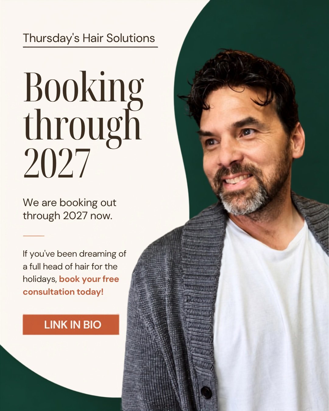 OUR BOOKS ARE OPEN FOR 2027! 

Thursday&rsquo;s Hair Solutions is officially booking appointments through 2027! 

If you&rsquo;ve been dreaming of a full head of hair for the holidays, meaning to finally visit our salon, or you&rsquo;re simply overdu