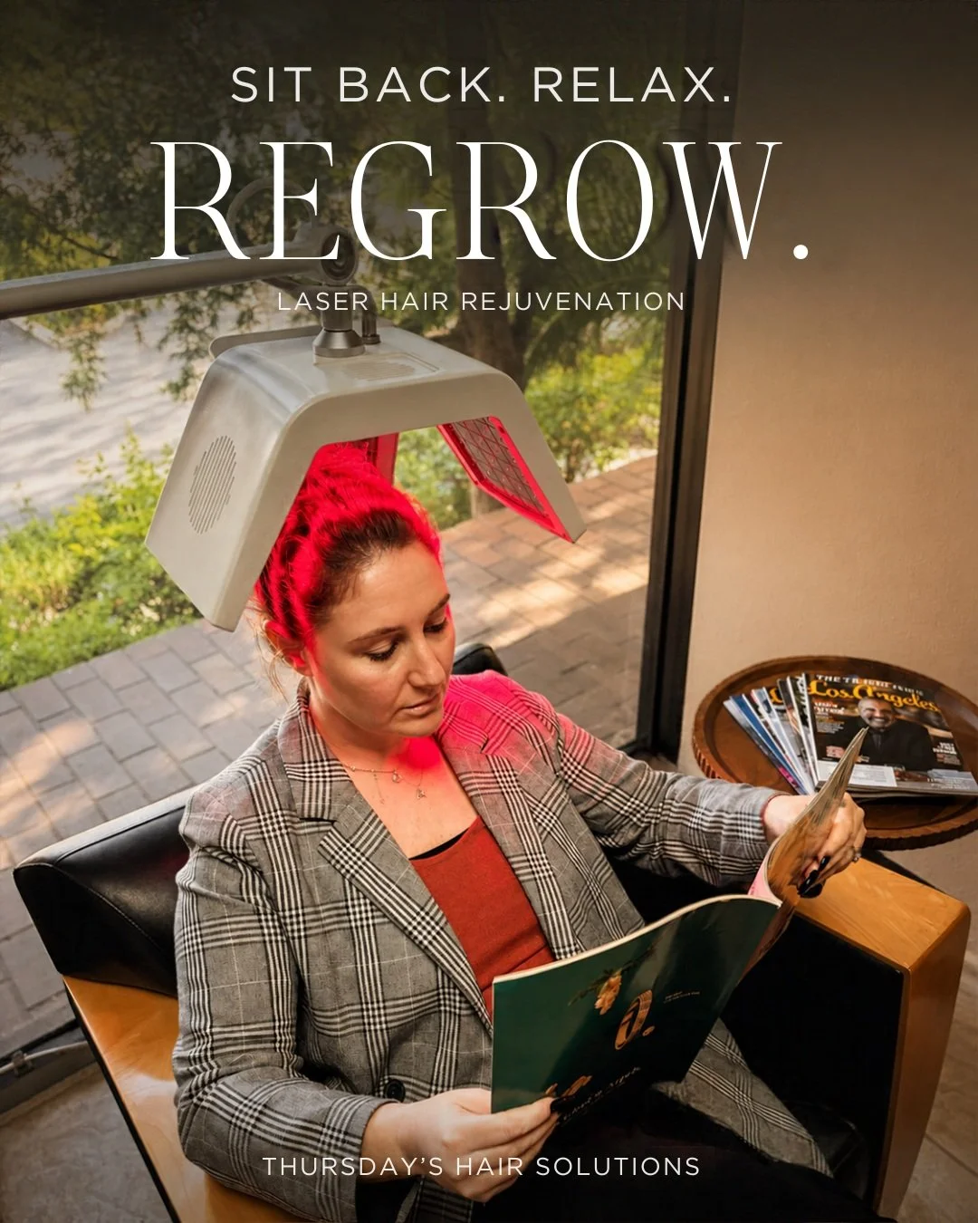 Sit Back. Relax. Regrow. 

Did you know Thursday&rsquo;s offers laser hair rejuvenation?

If you&rsquo;ve noticed more shedding or thinning than usual, our laser hair rejuvenation program may be an option to explore as part of your hair care routine.