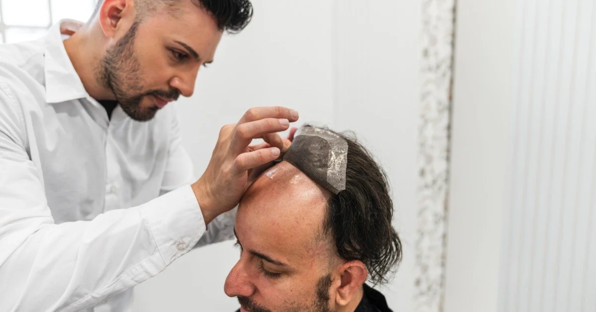 A hair specialist carefully placing a hair prosthesis onto the scalp of a man in the doctor's chair in front of him.