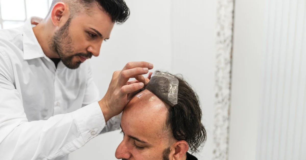 A hair replacement specialist gently placing a hair system onto a man's head who is sitting in a patient's chair.