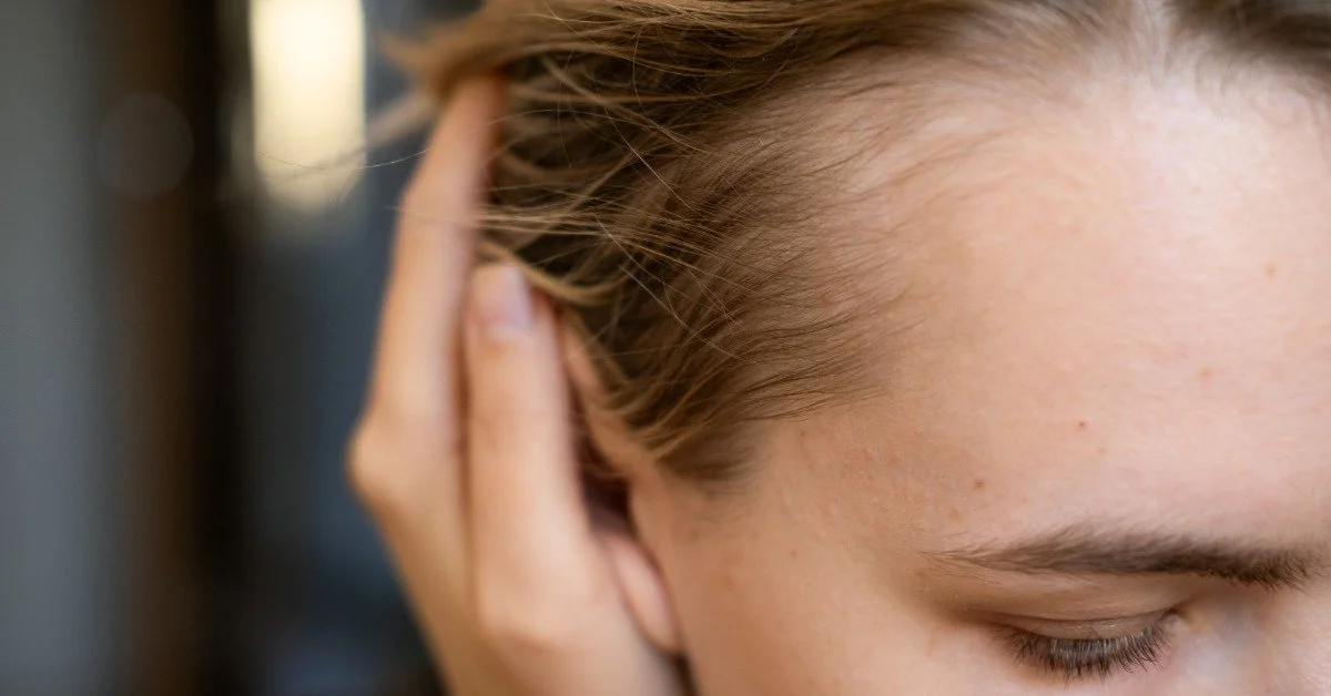 A young woman using her hand to pull back her long hair. The hair is noticeably thinning around her temples.