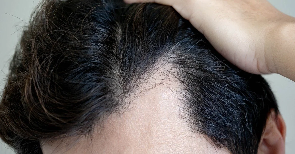 A closeup on a dark-haired man's hairline. His hand is pulling the hairline back to expose the areas of hair loss.