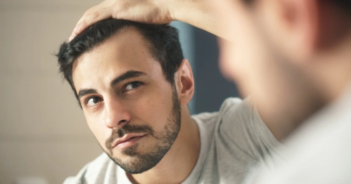 A man looking at himself in the mirror. He is pulling back his hairline to check and see if his hair has begun receding.