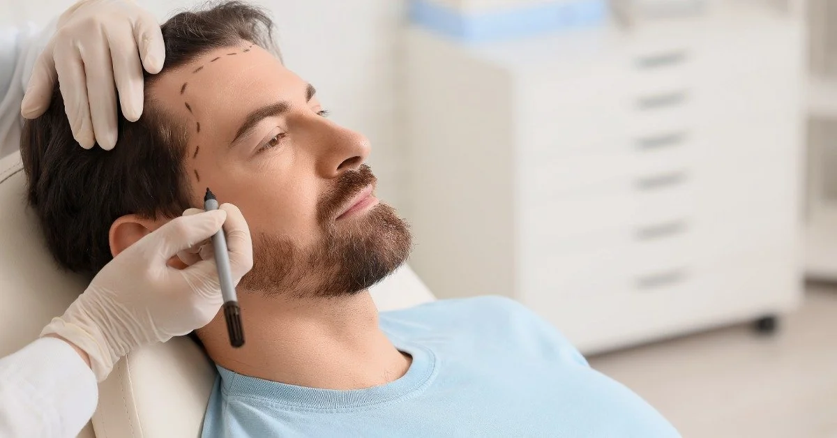 A doctor using a marker to make a dotted line on a man's hairline to show where the hair should be after replacement.
