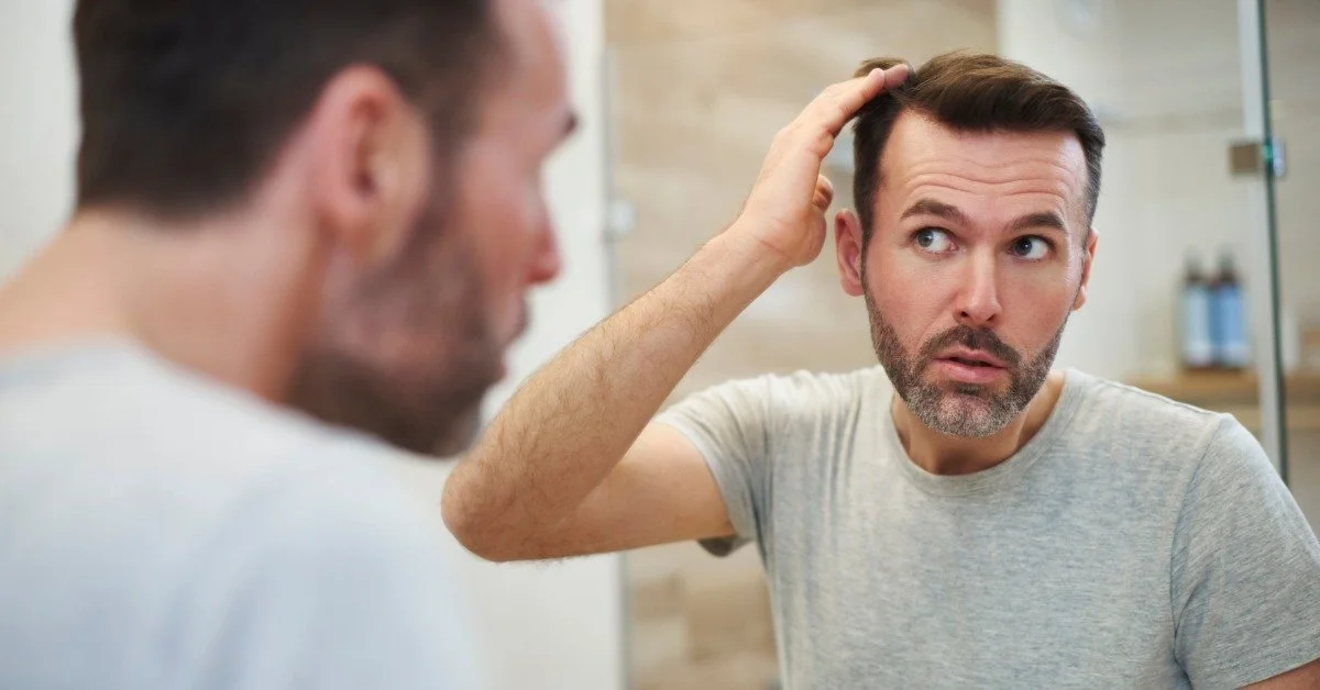 A man worried about losing his hair checking if his hairline is receding in a large mirror. His hand is tracing his hairline.