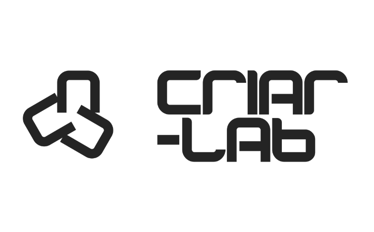Logotipo preto do CriarLab ao lado de um ícone com três blocos conectados
