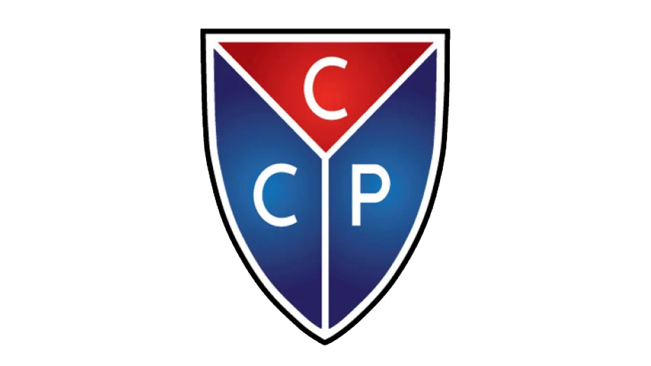 Escudo de um time de futebol com cores azul, vermelho e branco, contendo as letras C, C e P, com fundo preto.