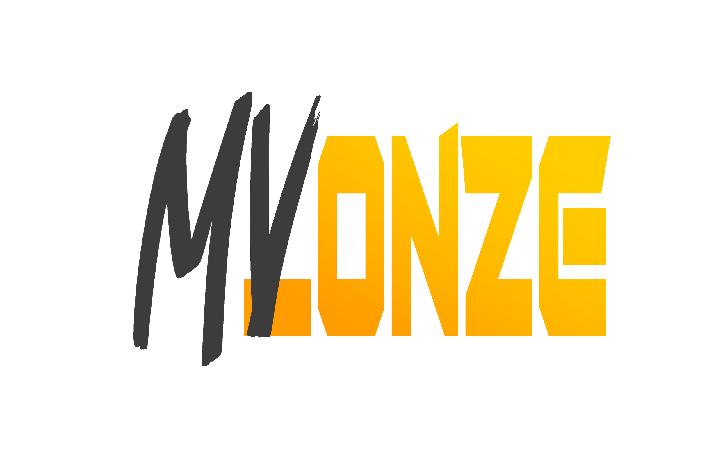 Texto estilizado com a palavra 'MUVONZ' em cores preta, cinza e laranja, com design arrojado e formas geométricas.