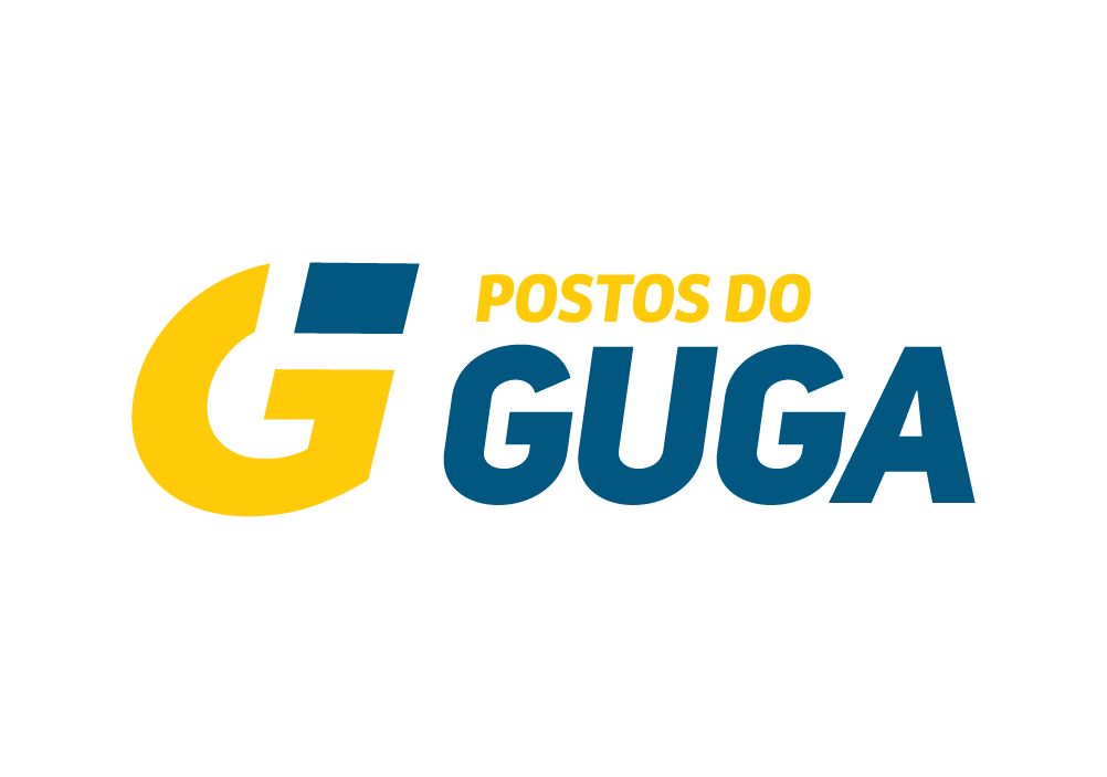 Logotipo de Postos Guga, estilo com letras azul escuro e amarelo, com destaque para a letra G amarela ao lado de um quadrado azul.