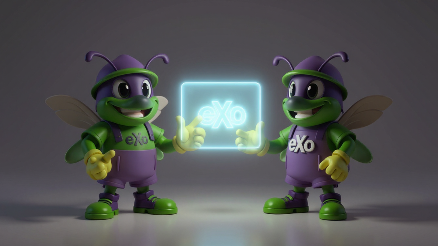 Two cartoon insect-like characters with purple hats, green faces, and yellow gloves holding a glowing sign with the text 'eXo' in the center.