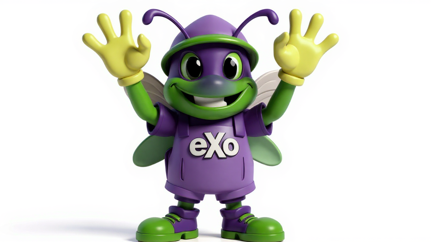 A colorful cartoon bug character with a purple head and green face, wearing purple and green clothes with the word 'exo' on the front, smiling with a wide grin, raising both hands in the air.