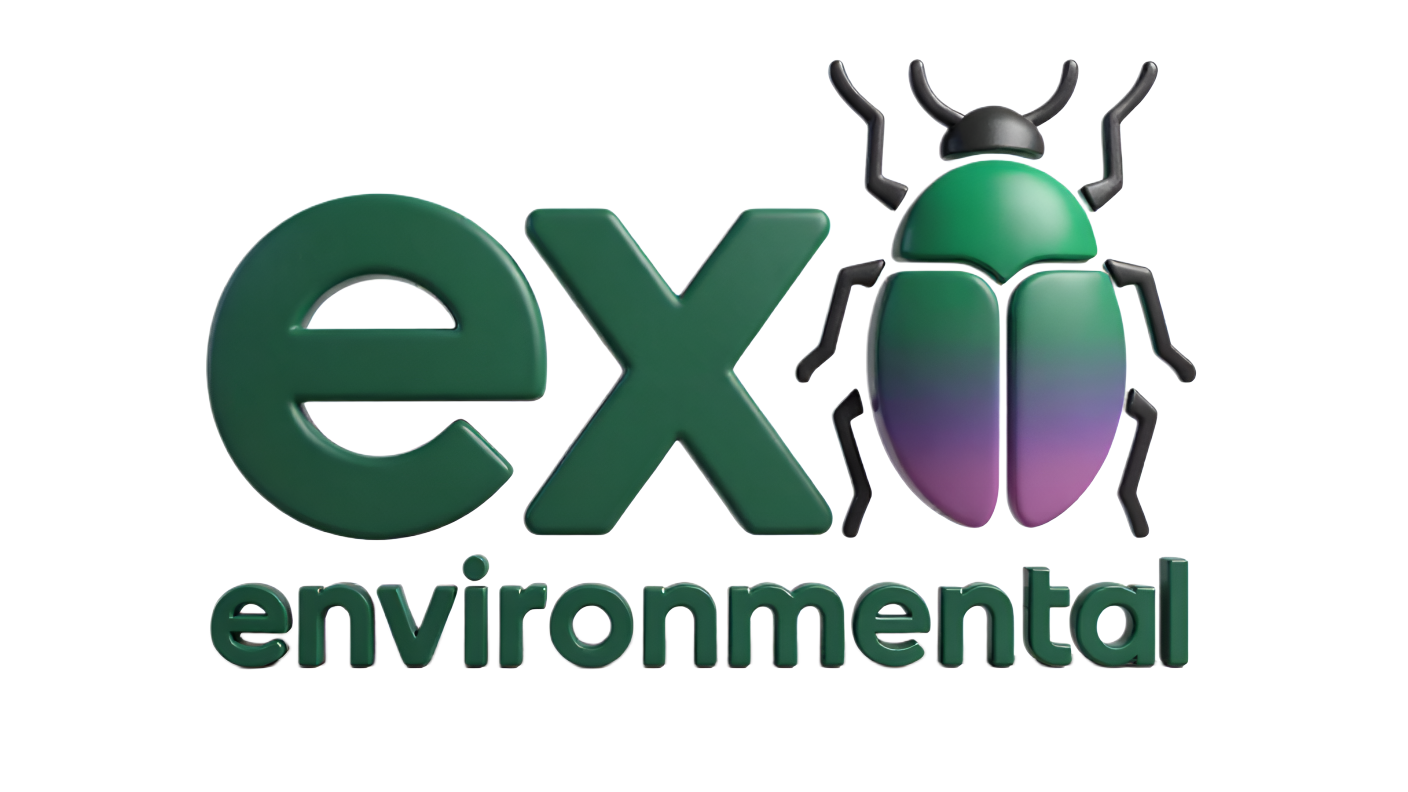 Logo for 'ex environmental' featuring the word 'ex' in large green letters, a colorful beetle above the word 'environmental', and the word 'environmental' in smaller green letters below.