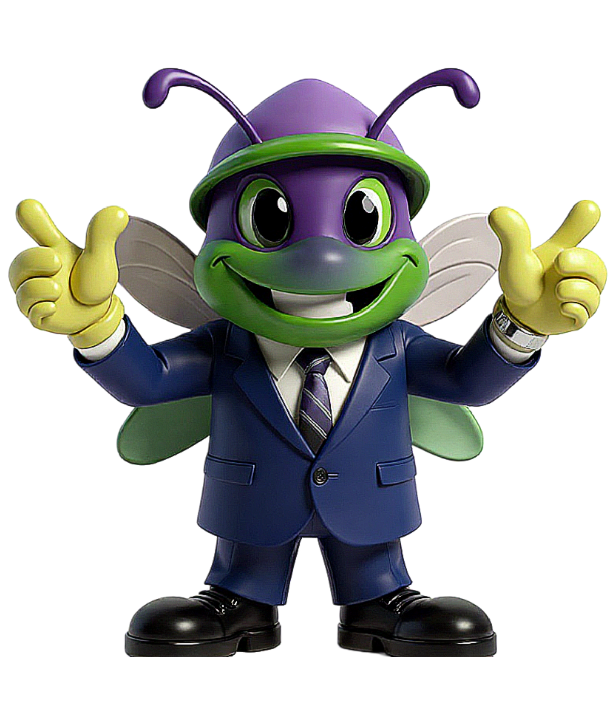 A cartoon character with a bug or insect appearance, dressed in a business suit and tie, with wings, antennae, and bright eyes, giving two thumbs up.