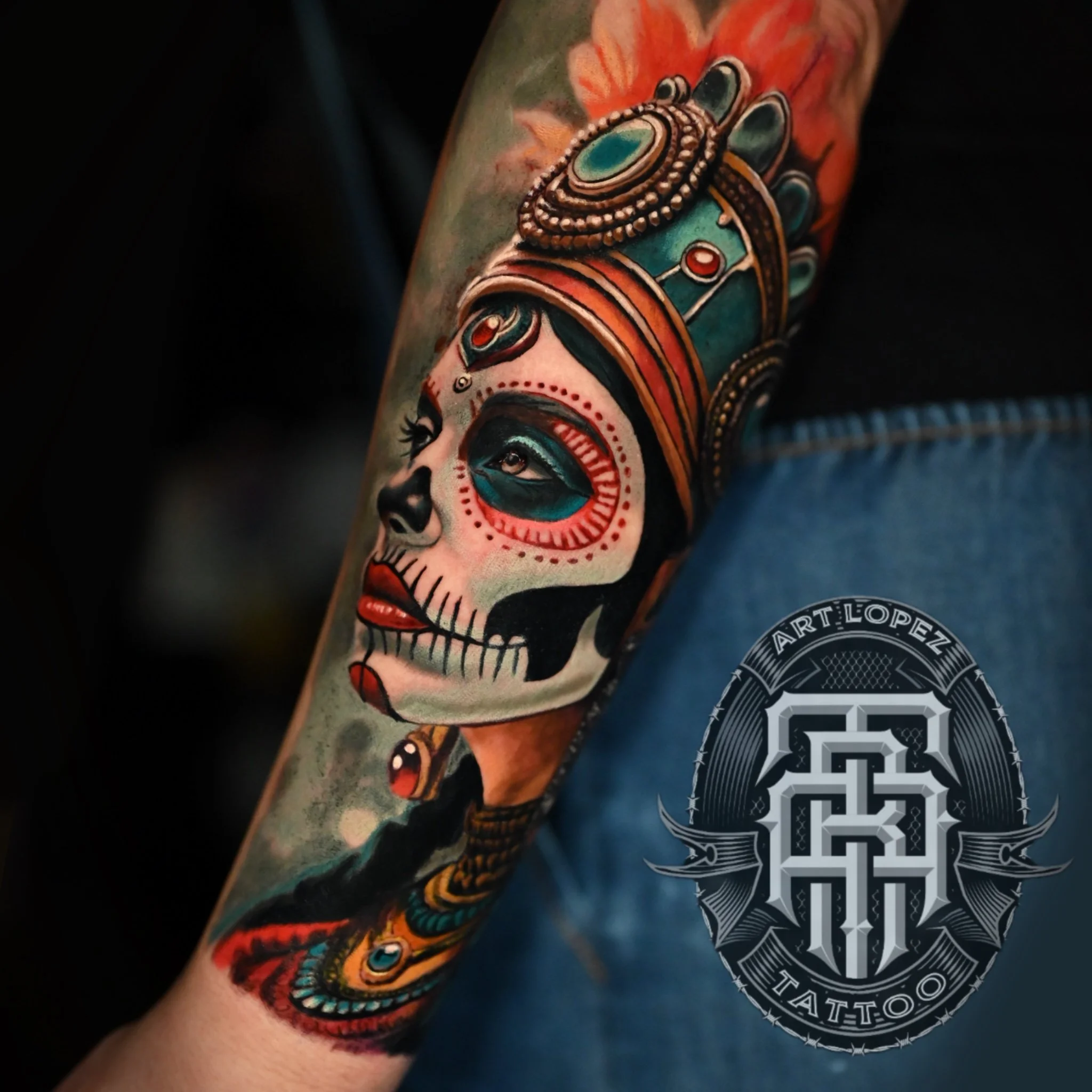 AZTEC LADY/ CATRINA COLOR REALISM TATTOO FOREARM ILLUSTRATIVE MEMPHIS TN TATTOO ARTIST