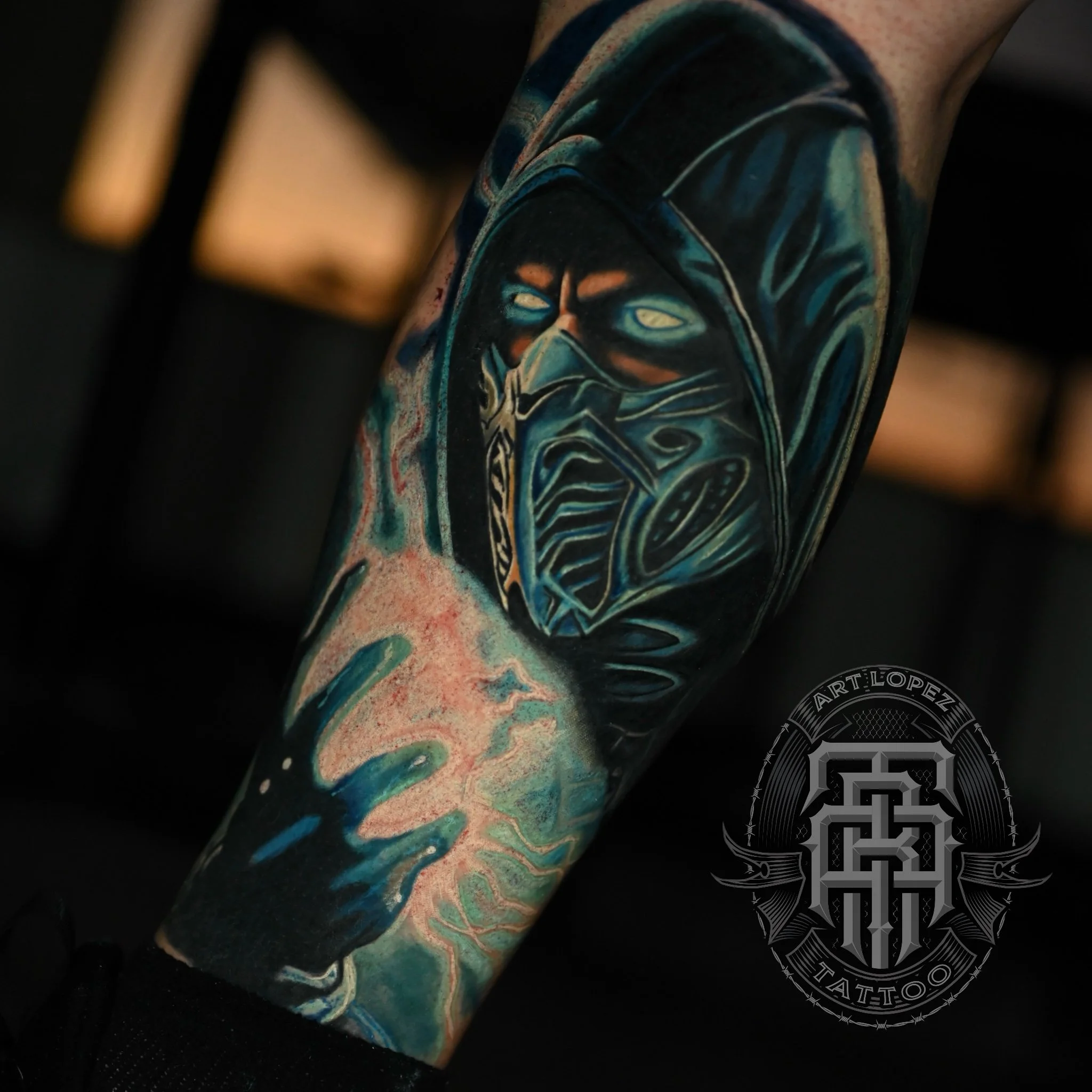 SUBZERO COLOR TATTOO REALISM ILLUSTRATIVE LEG TATTOO MEMPHIS TN TATTOO ARTIST