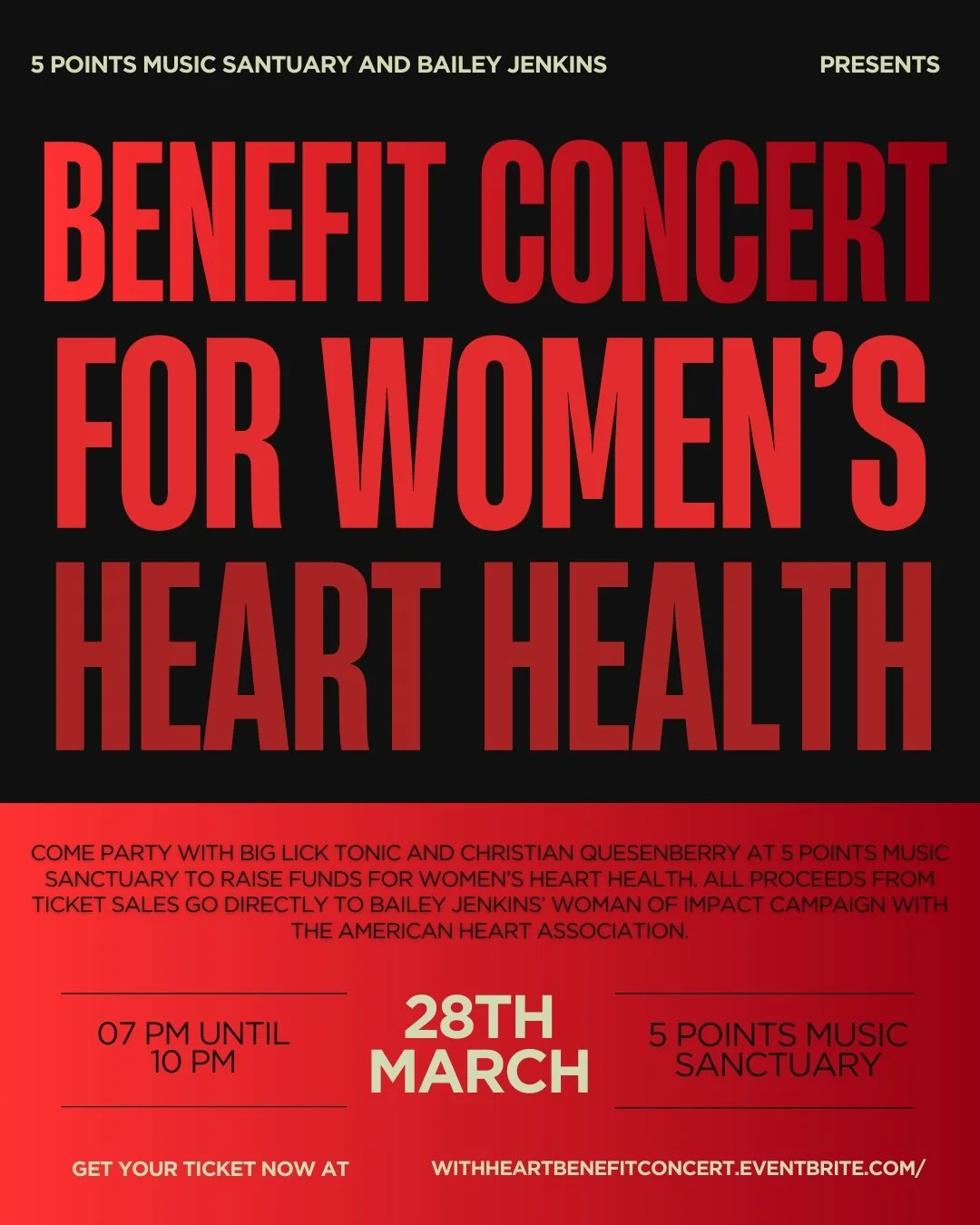 Excited to jam at 5 Points Music Sanctuary with Big Lick Tonic and Christian Quesenberry all in benefit of Women&rsquo;s heart health! Be sure to lock down your tickets for March 28th from 7 PM-10 PM. All ticket proceeds go directly to my Woman of Im
